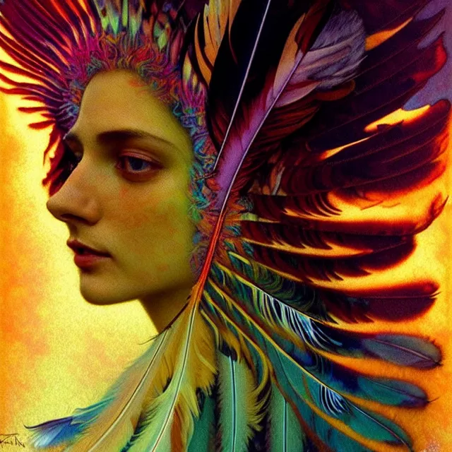 Prompt: face of innocent psychedelic transcendent feather mind bending psychedelic wings of glossy liquid honey flowing like kaleidoscopic translucent holograph, lsd feathers, feathery fluff, enlightenment, high contrast dappled lighting, refracted sunset, highly detailed, concept art, art by collier, albert aublet, krenz cushart, artem demura, alphonse mucha