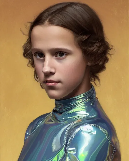 Prompt: a portrait painting of a shy, blushing 1 6 - year old alicia vikander or millie bobby brown, backlit, wearing a futuristic translucent iridescent plastic space suit in a space station, elegant, highly detailed, artstation, concept art, by krenz cushart and donato giancola and william adolph bouguereau and alphonse mucha