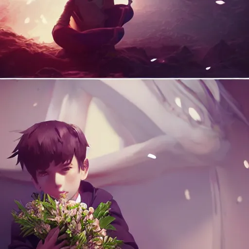 Prompt: Clothed,worksafe.at CGSociety by WLOP,ilya kuvshinov,krenz cushart,Greg Rutkowski,trending on artstation.Zbrush sculpt colored,Octane render in Maya,Houdini VFX.A boy who fall in love, holding flowers bouquet.Cinematic dramatic atmosphere,sharp focus,soft volumetric studio lighting.