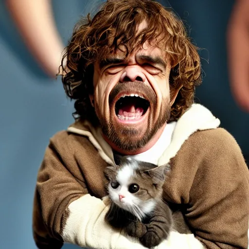 Image similar to peter dinklage laughing hysterically at a cat,