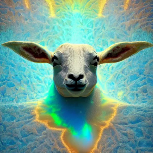 Prompt: a crystalline 3 d mandelbulb fractal in the shape of a lamb, bioluminescent opal, fractal, magnificent lighting, ethereal, ray tracing, octane, holographic, portrait