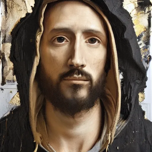 Image similar to a full body lookbook portrait of modern - day jesus wearing hat and hoodie by nicola samori, hat and hoodie, detailed, oil painting, hyper - realistic, 8 k, yeezy collection