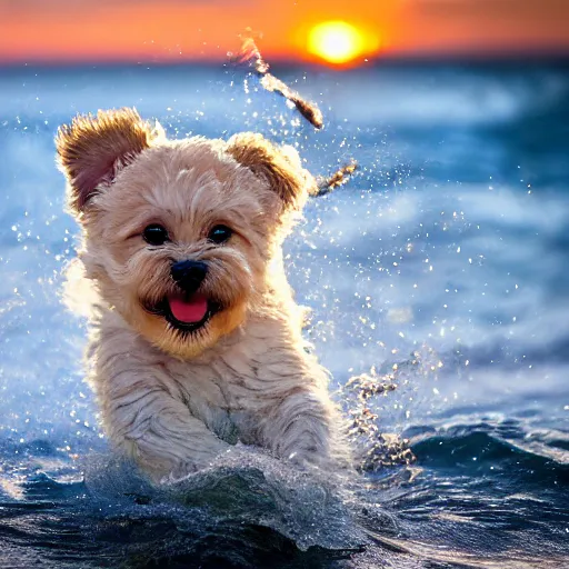 Image similar to a closeup photorealistic photograph of a cute smiling tiger bichon puppy splashing in the surf during sunset. professional capture, well lit shot. this 4 k hd image is trending on artstation, featured on behance, well - rendered, extra crisp, features intricate detail, epic composition and the style of unreal engine.