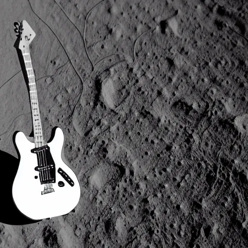 Prompt: photo of an electric guitar and a beer can sitting idle on the moon surface