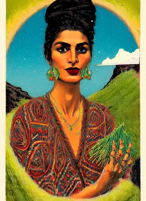 Prompt: an extreme close - up portrait of an ancient persian jewelry saleswoman in a scenic representation of mother nature and the meaning of life by billy childish, thick visible brush strokes, shadowy landscape painting in the background by beal gifford, vintage postcard illustration, minimalist cover art by mitchell hooks