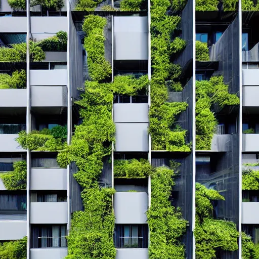 Image similar to highly detailed futuristic modern buildings with plants growing all over