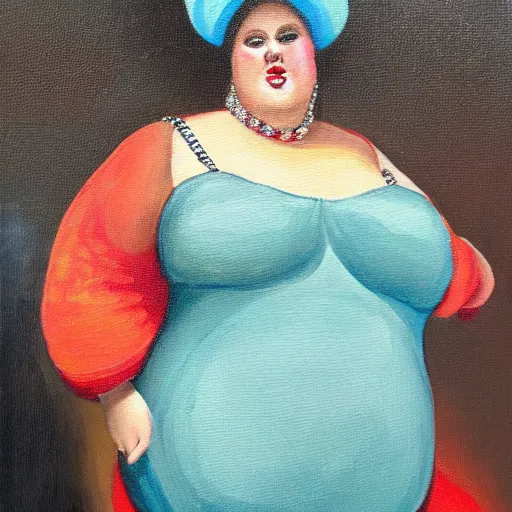 Image similar to Oil painting of a fat woman posing in a diamond dress and extravagant hat