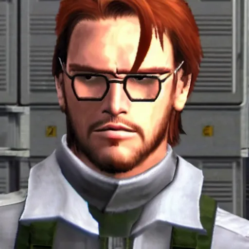 Prompt: a screenshot of german guy with very long chestnut! hair, with nerdy glasses and goatee, in metal gear solid ps 1 game, low poli character