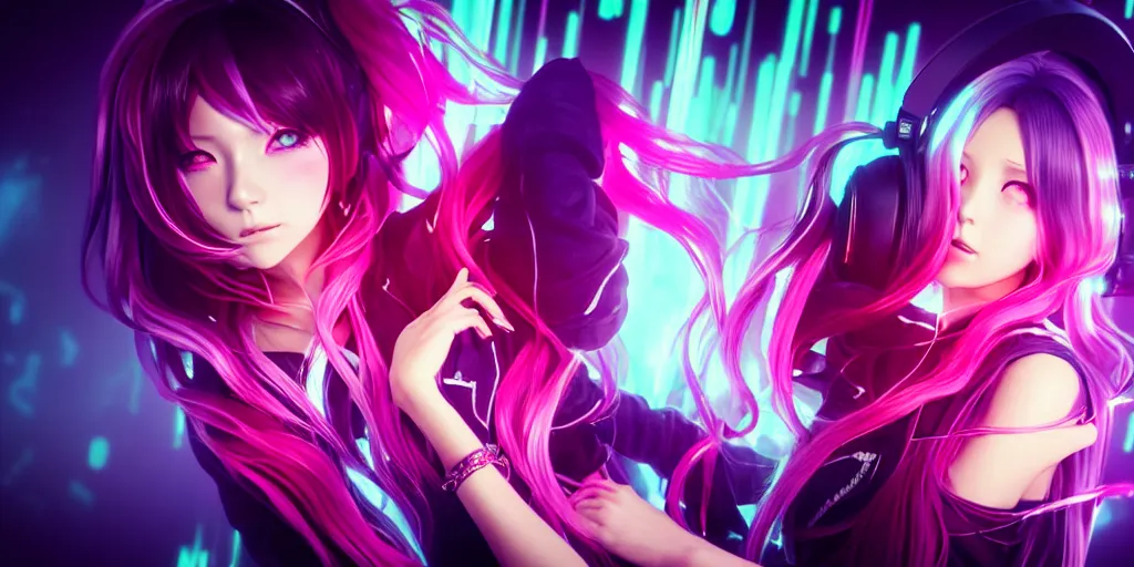 Prompt: beautiful portrait of a woman with pastel long hair floating in the air with her eyes open facing the camera centered with studio headphones on in the style of a code vein character, momo from twice in code vein in the style of WLOP, artgerm, yasutomo oka, rendered in unreal engine and redshift octane , background is surrounded by epic neon glitch effect digital art dynamic dramatic lighting, soft lighting, imagine fx, artstation, cgsociety, by Bandai Namco artist,