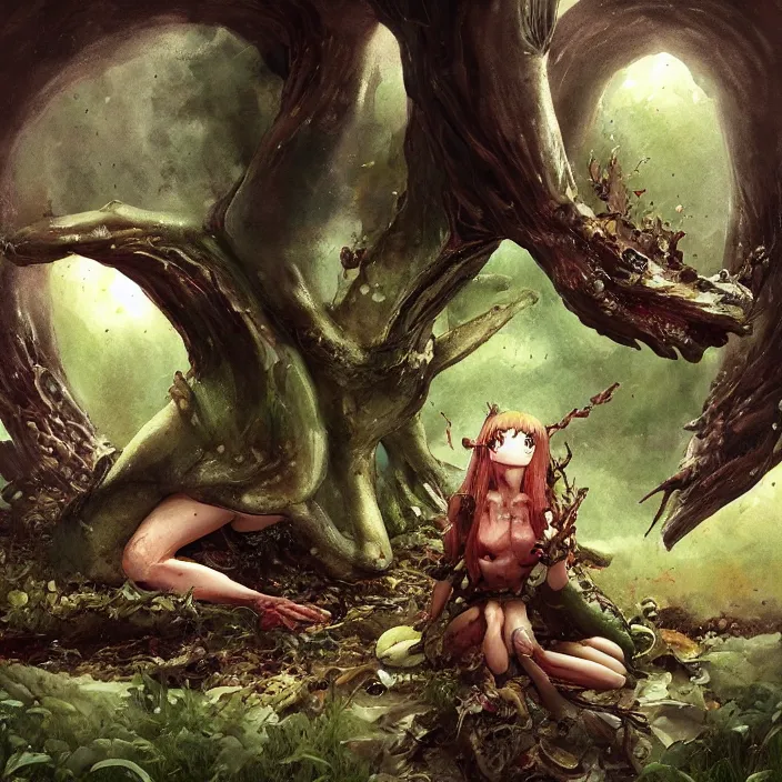 Image similar to Carnivore godlike fairy eating a frog alive , giant mushrooms , psychedel tint , Junji Ito and Greg rutkowski