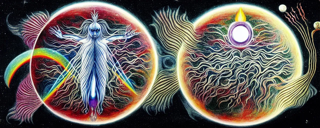 Prompt: a strange beautiful creature from bifrost radiates a unique canto'as above so below'to the moon, while being ignited by the spirit of haeckel and robert fludd, breakthrough is iminent, glory be to the magic within, in honor of saturn, painted by ronny khalil
