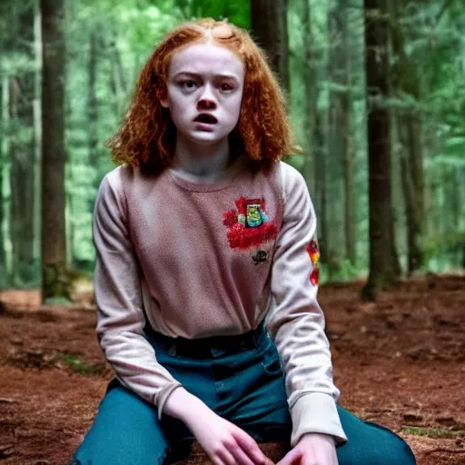 Image similar to Sadie Sink (Maxine Mayfield) from Stranger Things kneeling in a forest looking straight ahead, hq, coloured hq