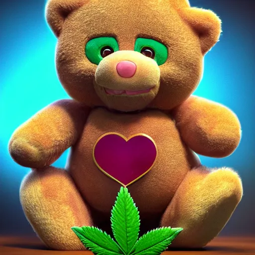 Prompt: hyperrealistic dslr film still of a care bear with marijuana emblem, stunning 8 k octane comprehensive 3 d render, inspired by istvan sandorfi & greg rutkowski & unreal engine, perfect symmetry, dim volumetric cinematic lighting, extremely hyper - detailed, extremely lifelike attributes & texture, intricate, masterpiece, artstation, stunning