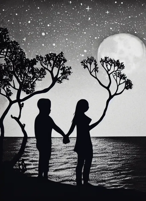 Image similar to full moon, dark navy sky, stars twinkling, clouds drifting through, robins in the trees, ocean waves, a couple silhouette holding hands, slight wind blown hair.