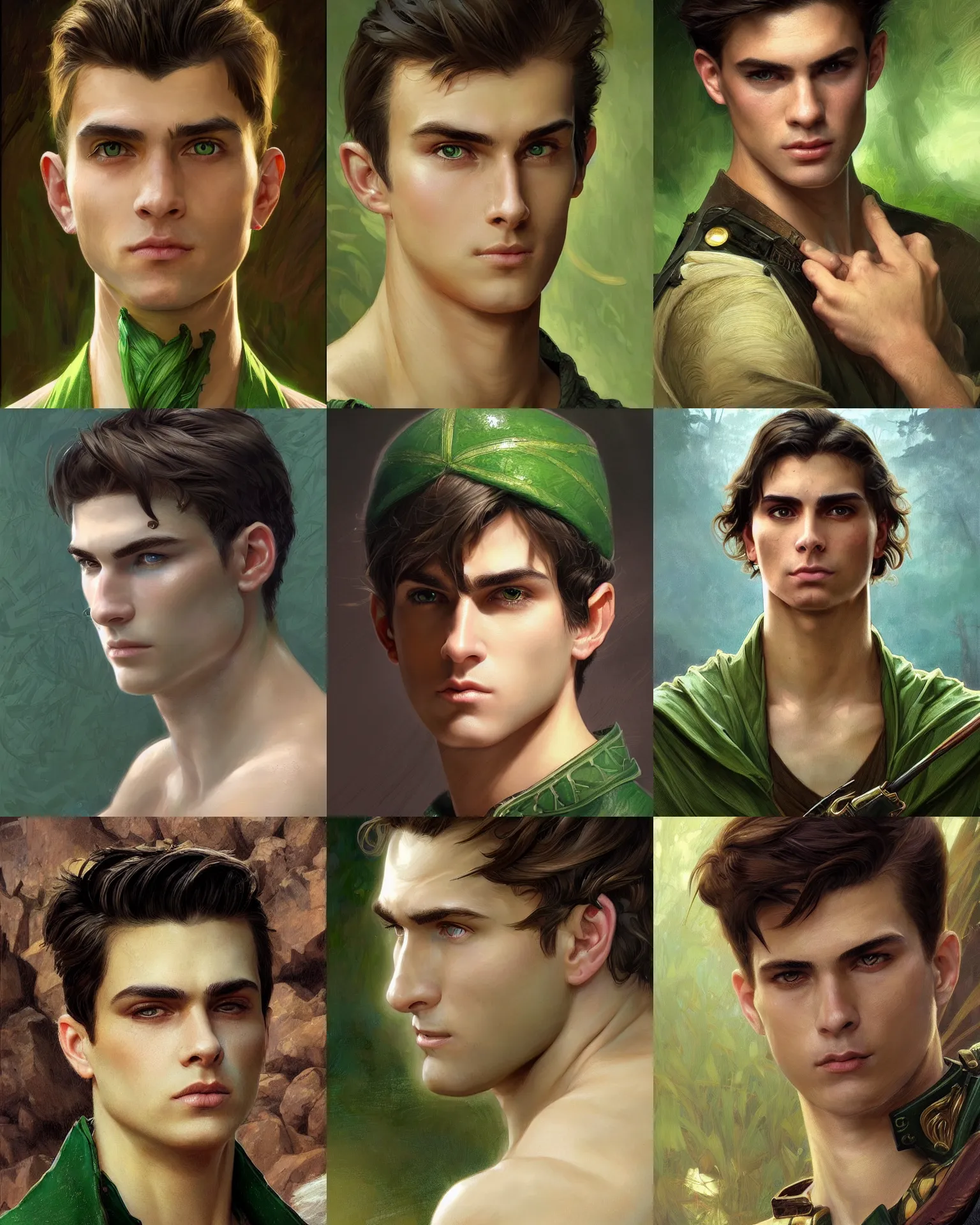 Prompt: closeup fantasy portrait of a clean shaven determined young man with swept back dark brown hair and green eyes, preparing for battle, fantasy, intricate, elegant, highly detailed, digital painting, artstation, concept art, smooth, sharp focus, illustration, art by artgerm and greg rutkowski and alphonse mucha