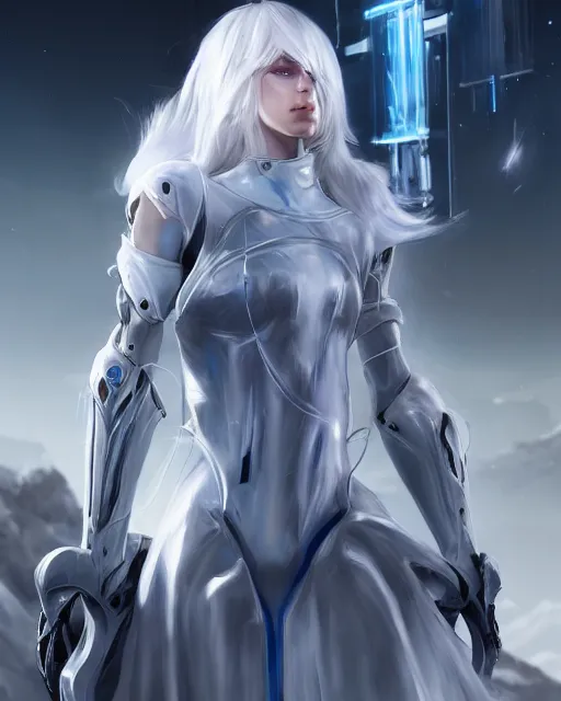 Image similar to perfect white haired girl, warframe armor, beautiful, pretty face, blue eyes, detailed, windy weather, scifi, platform, laboratory, experiment, 4 k, ultra realistic, epic lighting, high detail, masterpiece, by akihito tsukushi, charlie bowater, ross tran