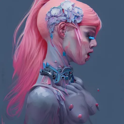 Image similar to beautiful warrior angel with pink hair, upper body, blue piercing eyes, mystery, love, thin features, beautiful aesthetic, by james jean, trending on artstation, digital art