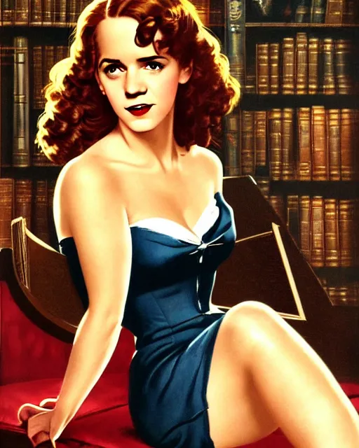 Prompt: pinup photo of hermione granger by emma watson in the library of hogwarts, by by andrei riabovitchev, gil elvgren, enoch bolles, glossy skin, pearlescent, anime, very coherent, flat