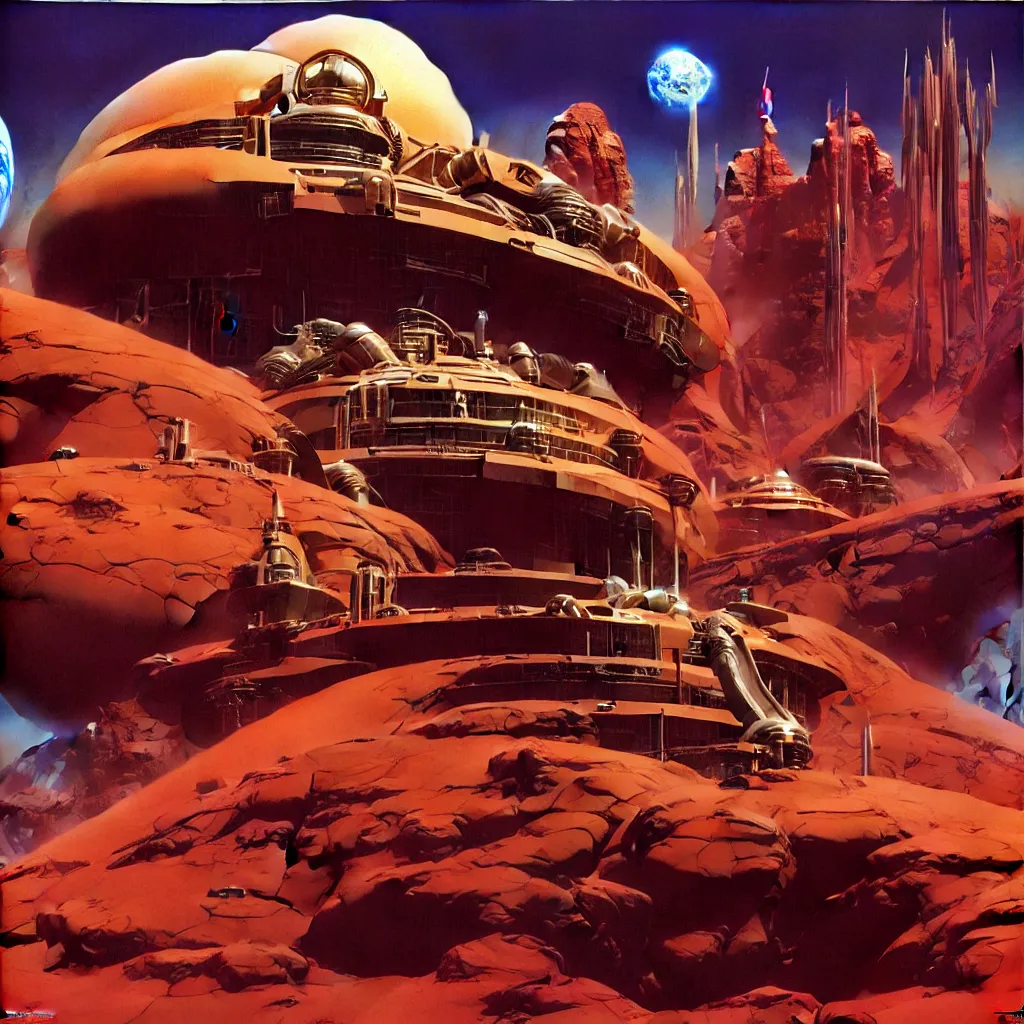 Prompt: asimov mars habitat by syd mead, boris vallejo, julie bell, luis royo, frank frazetta, frank frazetta, ken kelly, simon bisley, richard corben