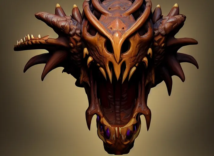 Image similar to brown wooden festeroot dragonskull treant head, stylized stl, 3 d render, activision blizzard style, hearthstone style, darksiders art style, greg rutkowski style