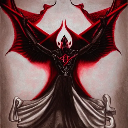 Prompt: Satanic Temple Lucian Greaves, Black, Red, Occult Photorealistic art