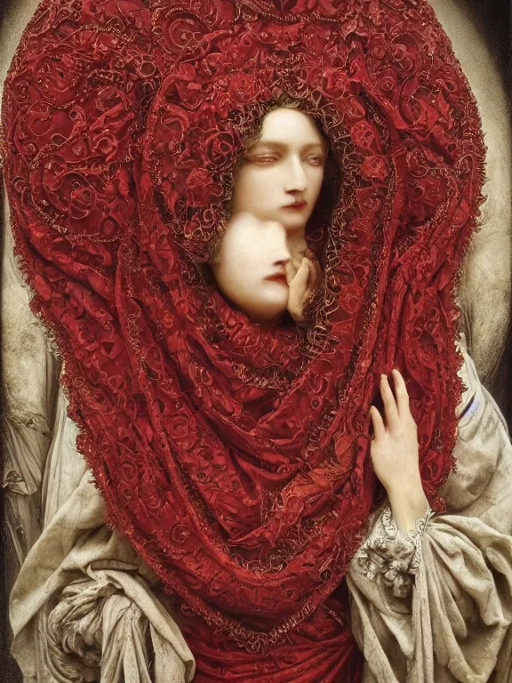 Prompt: a beautiful render of a baroque catholic veiled red queen with symmetry intricate detailed heart sculpture,pieta.by Lawrence Alma-Tadema, peter gric,aaron horkey,Billelis,trending on pinterest,hyperreal,jewelry,gold,intricate,maximalist,glittering,golden ratio,cinematic lighting