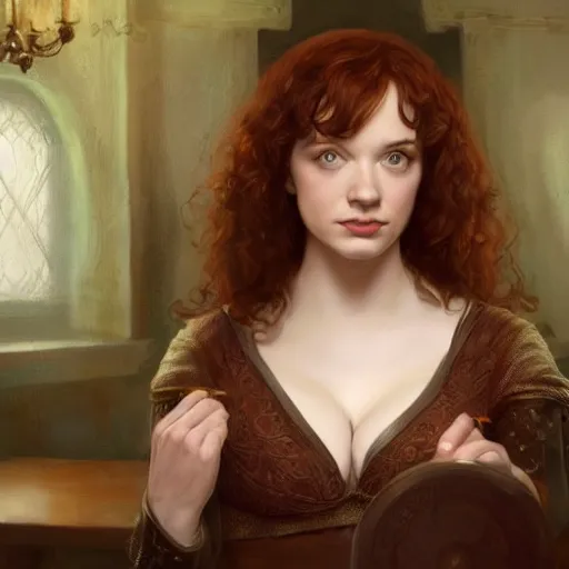 Image similar to sad young christina hendricks in a tavern, holding a small roung mirror, surprised expression on her face, she is surprised, warhammer, lord of the rings, intricate, highly detailed, digital painting, artstation, concept art, smooth, sharp focus, illustration, unreal engine 5, 8 k, art by artgerm and greg rutkowski and alphonse mucha