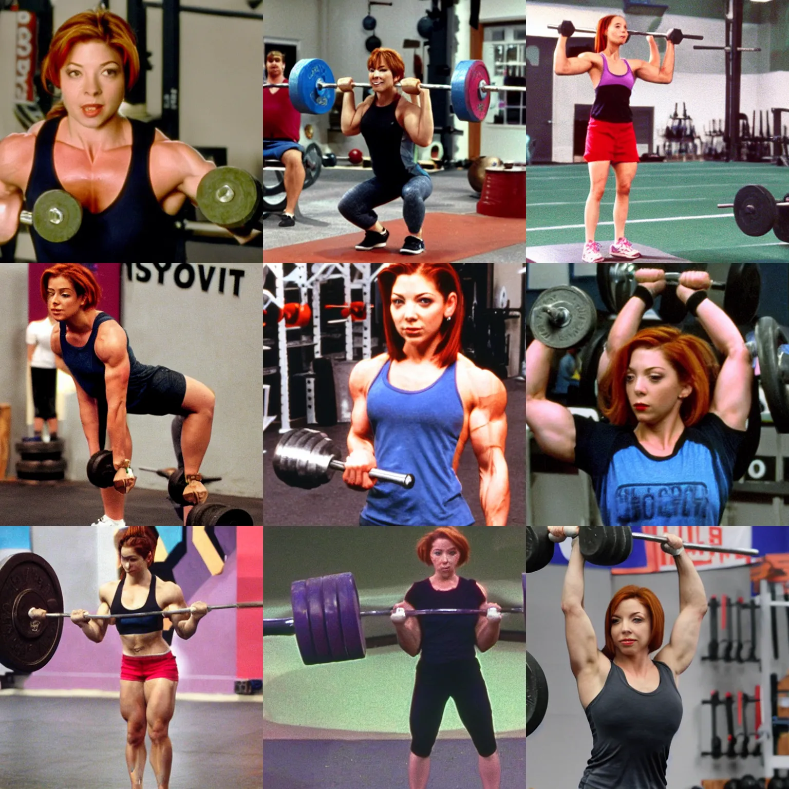 Prompt: Willow Rosenberg as a muscular crossfit athlete, lifting a heavy dumbbell at the Olympics