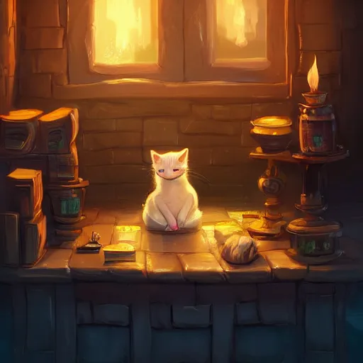 Image similar to beautiful fantasy illustration of an adorable kitten sleeping on the counter of a potion shop. candles, books. by andreas rocha and marc simonetti, trending on artstation 8k hq