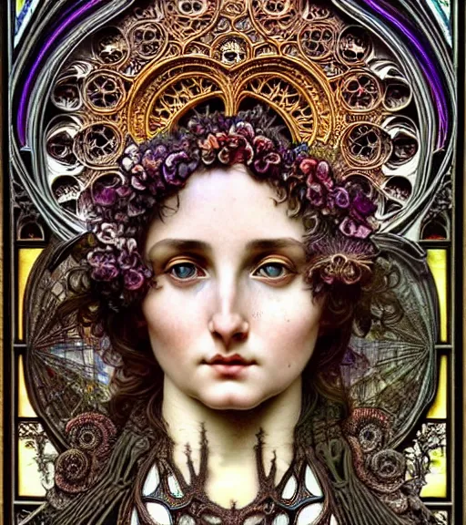 Image similar to hyperrealistic detailed face portrait of a beautiful young goddess morphing into a gothic cathedral, authentic ornamental architecture, intricate and highly detailed, awe inspiring art by ernst haeckel, h. r. giger, alphonso mucha, android jones, james jean, gothic, neo - gothic, heavily ornamental, nice deep colours,