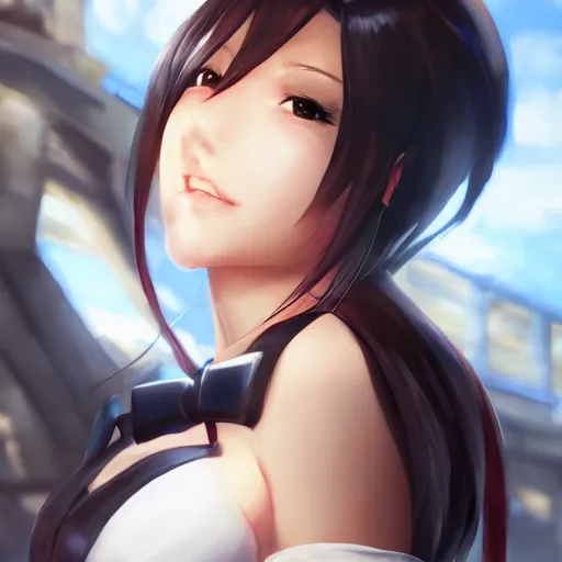 Image similar to head and shoudlers of tifa lockhart by WLOP, rossdraws, Logan Cure, Mingchen Shen, BangkuART, sakimichan, yan gisuka, JeonSeok Lee, zeronis, Chengwei Pan on artstation