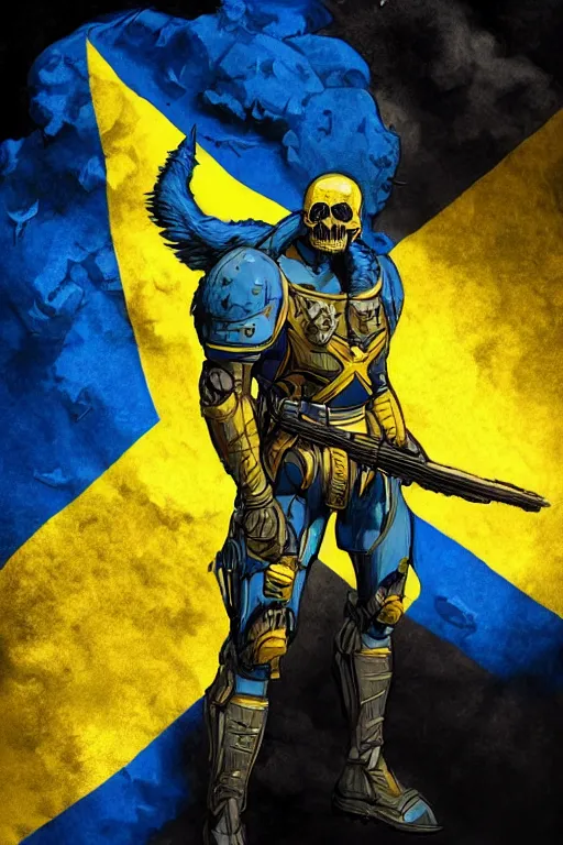 Image similar to a full body shot from distance of a super soldier with a Ukrainian blue and yellow stripes flag standing in the beam of light from the clouds on a pile of skulls and rotten cars as a winner, masculine figure, D&D, fantasy, intricate, elegant, highly detailed, digital painting, artstation, concept art, matte, sharp focus, symmetrical, illustration, hyperrealistic, art by Artgerm and Greg Rutkowski and Alphonse Mucha