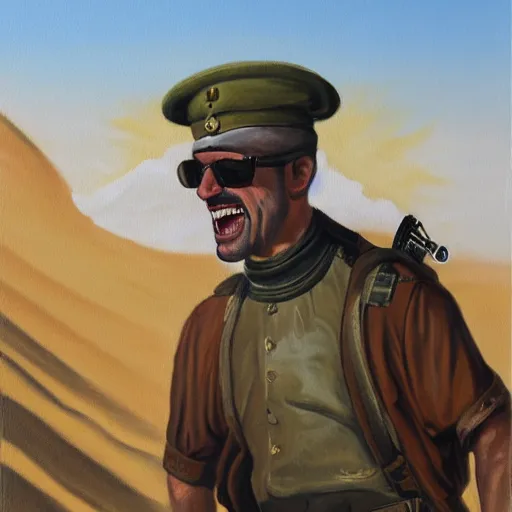 Prompt: a painting of an israeli solidier with sunglasses, a field cap, and a ascot around his neck laughing in the desert high details