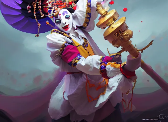 Image similar to award winning digital art of a magnificent pierrot jester wearing a traditional pierrot outfit, performing at a magnificent carnival, beautiful background, trending artstation, digital art, aesthetic, bloom, intricate, elegant, sharp focus, digital illustration, highly detailed, octane render, digital painting, concept art, art by ruan jia and greg rutkowski and sachin teng, masterpiece