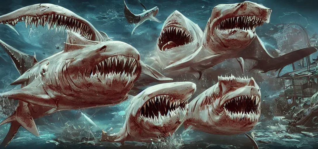 Image similar to concept art of shark attack, lovecraftian, lots of teeth, melting horror, fighting the horrors of the unknown with laser guns