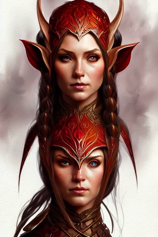 Prompt: female elven hunter armor made of red leaves, fantasy, amber eyes, face, long hair, intricate, elegant, highly detailed, digital painting, artstation, concept art, smooth, sharp focus, illustration, art by artgerm and greg rutkowski and alphonse mucha