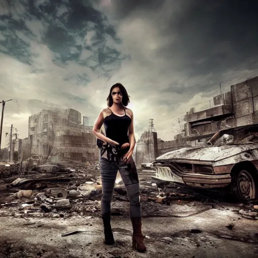 Image similar to pretty face, wide angle lens, photorealistic, 4k, background of destroyed city post apocalyptic, steakpunk, soft lighting, portrait