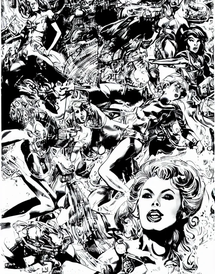 Image similar to comic page, one panel, kylie minogue as barbarella, exploring an alien planet. drawn by pablo marcos. b & w. black and white.