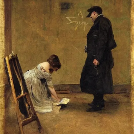 Image similar to a man and a woman solving an escape room puzzle, mysterious markings on the wall, by alfred stevens