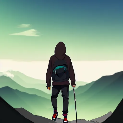 Image similar to person with hoodie walking up a mountain with a backpack that has katanas on the sides by carrie south and aokamei and sasucchi 9 5, anime, amazing composition, astonishing detail, smooth lines, beautiful scenery