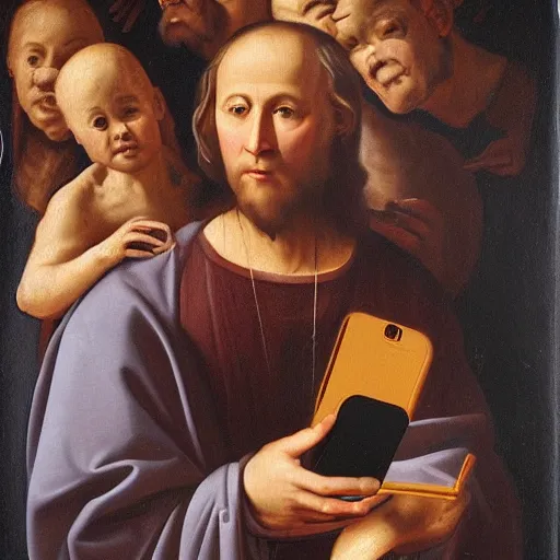 Prompt: renaissance oil painting prophet holding the holy iphone mobile phone of god