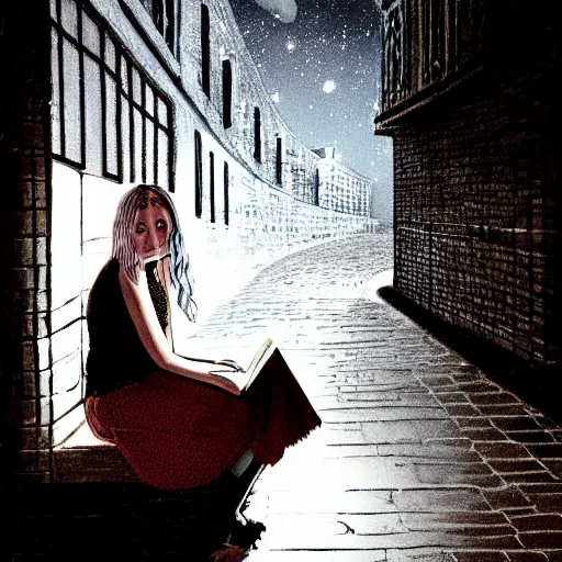 Image similar to luna lovegood sitting in a dark alley reading a book in a hyper realistic shot, low light