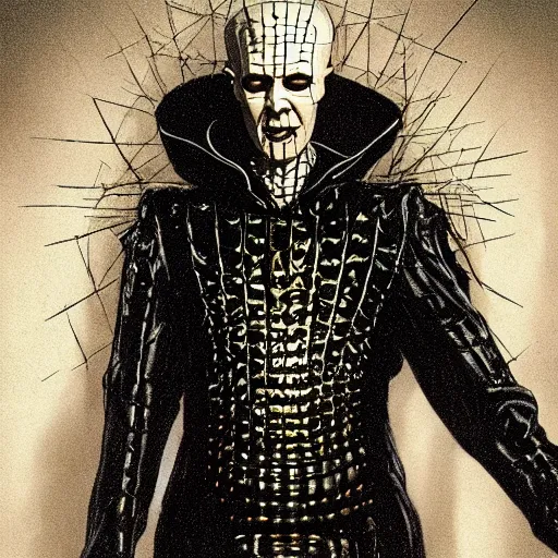 Image similar to a full body shot of pinhead from the movie hellraiser, trench coat leather jacket. cinematic lighting, highly detailed, digital painting, concept art, smooth, sharp focus, illustration, art by Artgerm and Greg Rutkowski, Cgsociety