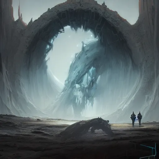 Prompt: A big Abyss Gate, from where the monsters are coming, style by Tyler Edlin and Zdzisław Beksiński and Greg Rutkowski, suspense, dark colours, beautiful, detailed, trending on artstation, award-winning