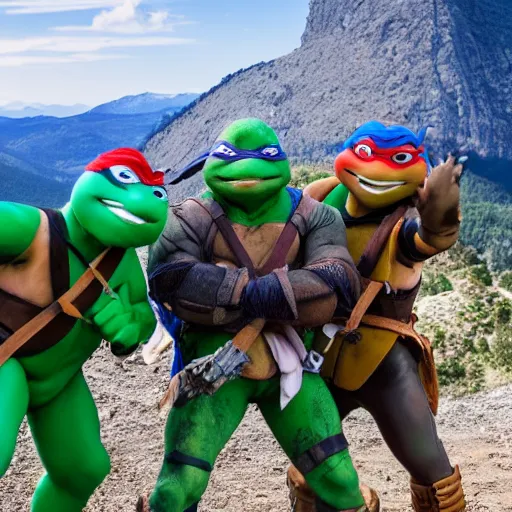 Image similar to teenage mutant ninja turtles on top of a mountain