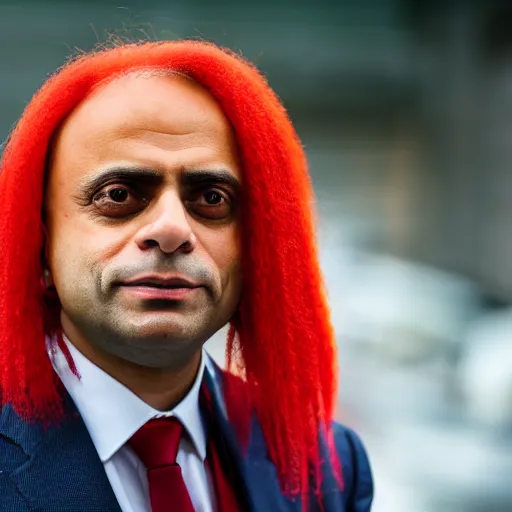 Prompt: A high-quality photo of Sajid Javid wearing a long red wig, m.zuiko 75mm, f 1.8, 1/400, RAW, unedited, 8K, high quality,