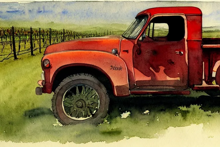 Image similar to dark cool watercolor painting of a vintage red truck in a vineyard by winslow homer