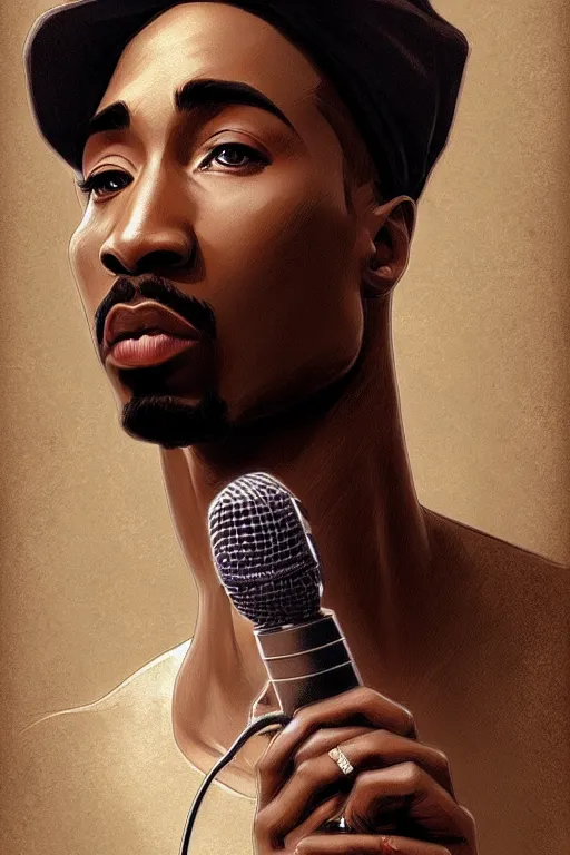 Prompt: beautiful cottagecore male tupac holding a microphone. intricate, elegant. highly detailed, digital painting, artstation, concept art, smooth, sharp, focus, illustration. . art by artgerm and greg rutkowski and alphonse mucha