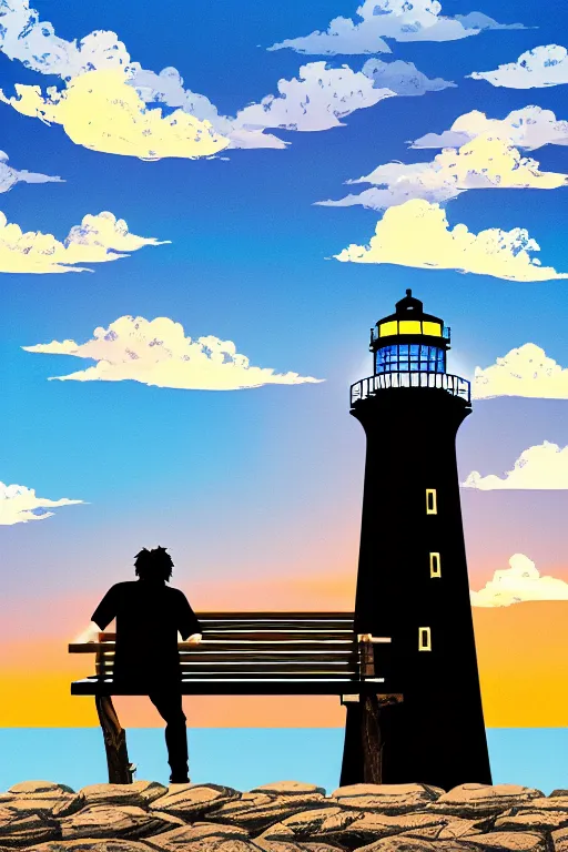 Prompt: wild life poster, silhouette of old man and strong man sit at bench and look to each other, blue sky with beautiful white clouds, sunset, lighthouse silhouette on horizon, inspired by famous anime artist, most popular anime cartoon