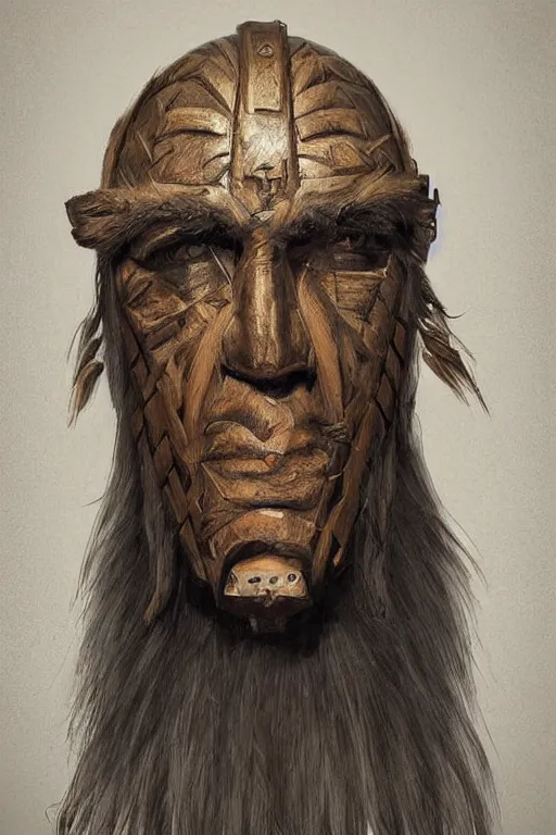 Prompt: portrait, headshot, digital painting, an old shaman in slavic angular carved wood mask, realistic, hyperdetailed, chiaroscuro, concept art, art by frans hals
